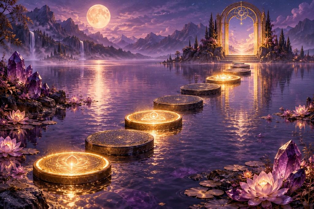 Stepping stones across a moonlit lake leading toward a lit arch.