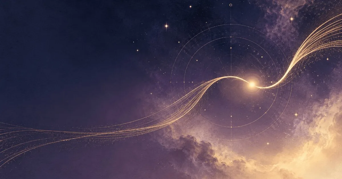 Gold light trails curve across a violet night sky toward a bright star ringed by faint circles.