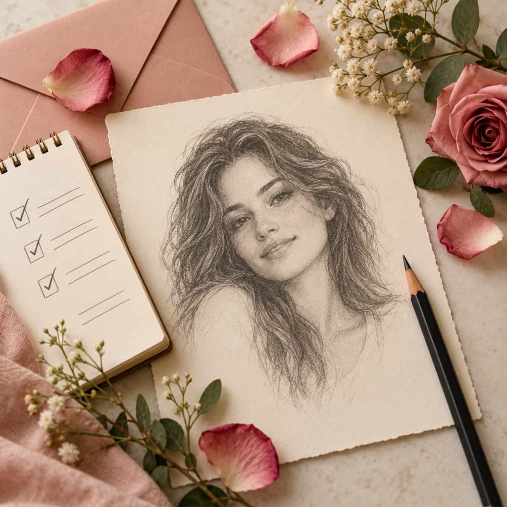 A checklist beside a pencil sketch, showing the short prompt-and-portrait experience.