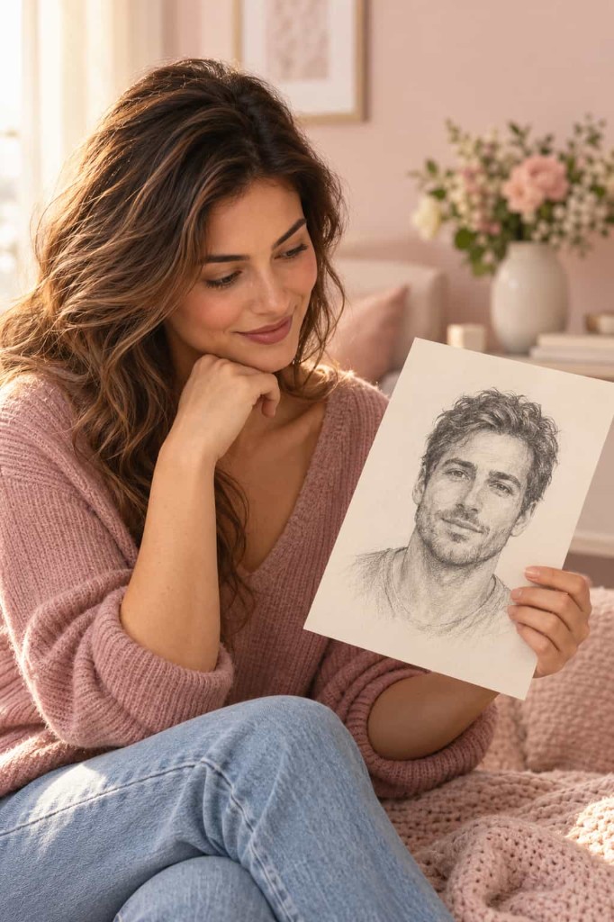 A woman looks at a pencil portrait, an example of the sketch reveal.